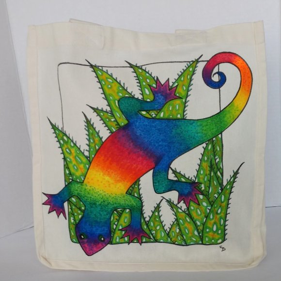 Hand-Painted Rainbow Gecko Tote Bag: Reusable Canvas Shopping Bag 14x13x7 - Picture 4 of 16